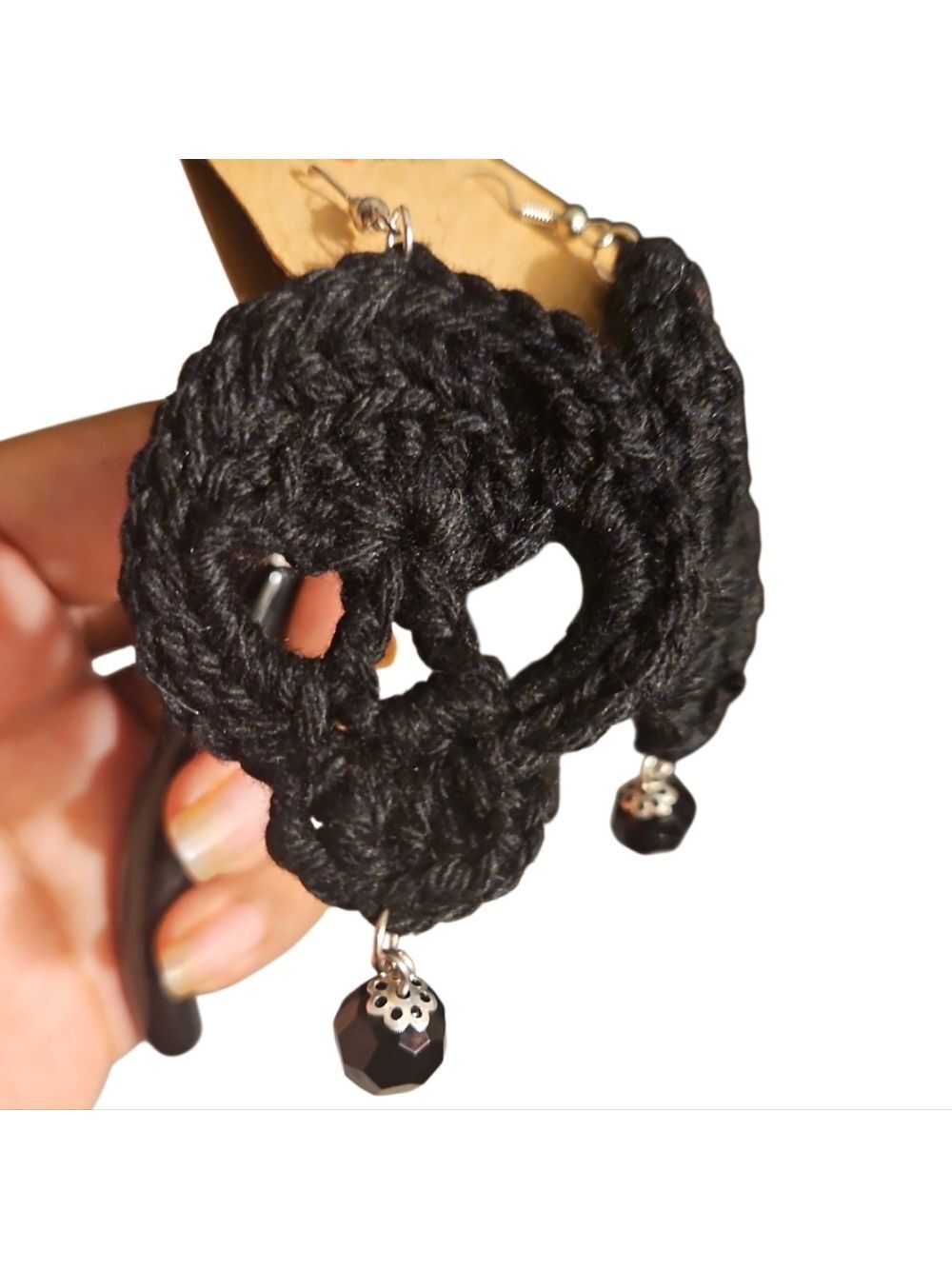 Handmade Crochet Skull Earrings 100% Cashmere Upcycled Beads Halloween Jewelry